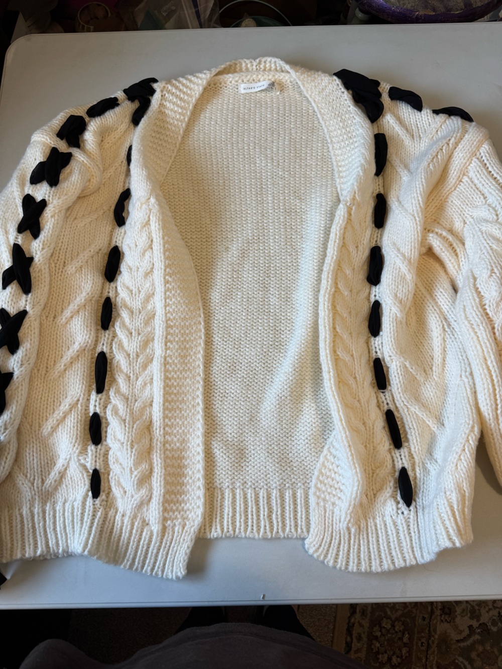 Comfort Cable Knit Open Cardigan Sweater - Cream with Black Accent ribbons